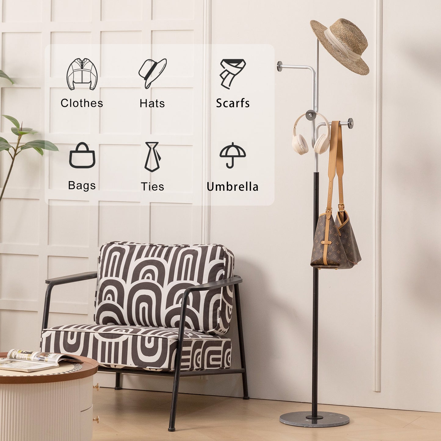 JIAYUEJU Coat Rack Metal Clothes Rack with Mable Base Coat Tree for Hats Bags Office Bedroom Entryway Living Room 12.6 x 12.6 x 70.08 inches