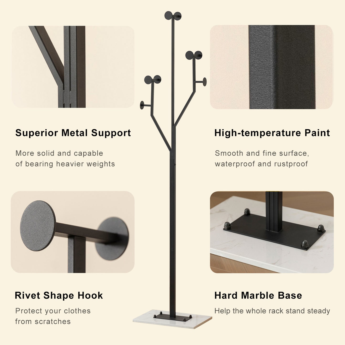 JIAYUEJU Heavy Duty Coat Rack Tree-shaped Metal Freestanding Coat Tree with Sturdy Marble Base Corner Coat Rack for Bedroom Entryway Hallway 14.96 x 10.24 x 68.9 Inches